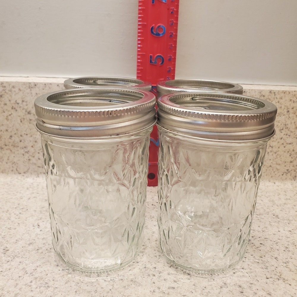 4 Vintage Quilted Crystal Glass Jelly Jars 6 oz Jam Canning Mason Jar w Rings